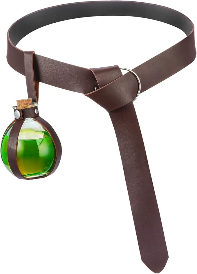 Boao Potion Bottles with Cork Set Dark Magic Cork Round Potion Bottle with Leather Belt Clear Glass Large for Halloween Costume Props DIY Crafts Decorative, 200 ml(Brown)