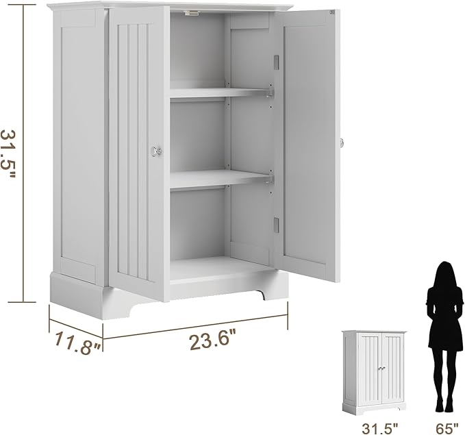 ChooChoo Bathroom Floor Cabinet, Modern Bathroom Storage Cabinet with 2 Doors and Adjustable Shelves, Freestanding Cupboard for Living Room, White