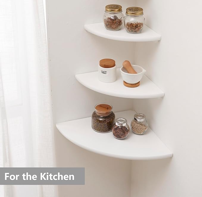 Corner Shelf, White Solid Oak Wood Floating Corner Shelves Wall Mount Round End Floating Speaker Rack for Small Plant Photo Frame (White, 8.6in)