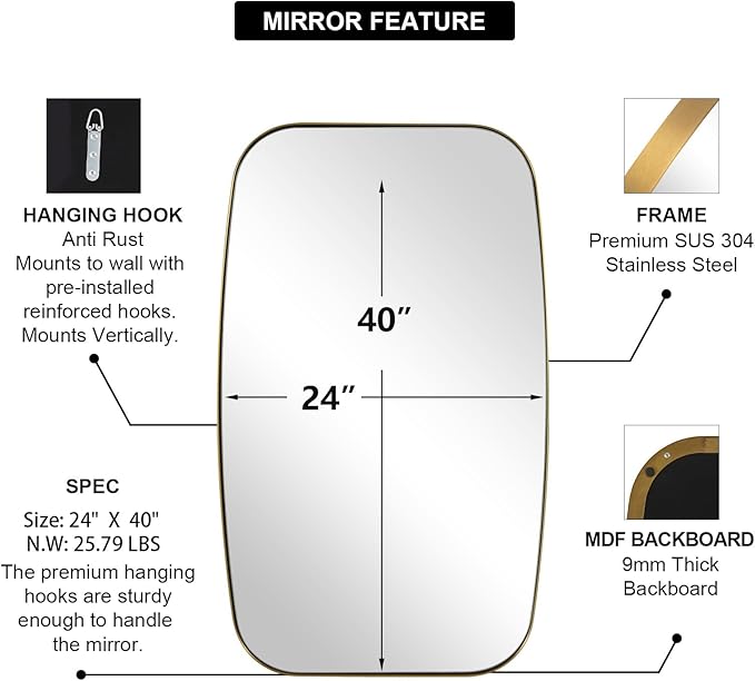ANDY STAR 24x40” Gold Bathroom Mirror, Oblong Brass Mirror with Stainless Steel Metal Frame, Brushed Gold Oval Vanity Mirror for Over Sink, Modern Anti Rust Wall Mounted