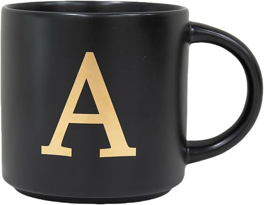 COLLECTIVE HOME - Monogram Ceramic Mugs, 15 oz Golden Initial Black Coffee Cups, Elegant Alphabet Tea Mugs, Elegant Personalized Mug with Gift Box, Unique Mug with Double Side Capital Lette (A-1)