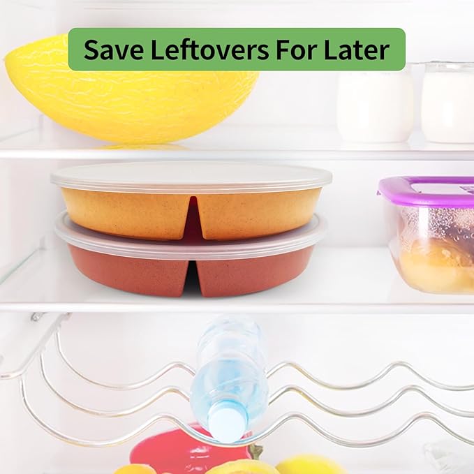 greenandlife 9 Inch 4PCS Portion Control Plates with Lids, Divided Plates for Kids Adults, Dishwasher Microwave Safe Compartment Plate Set, Unbreakable Lightweight Reusable Wheat Straw Plate, Sunset