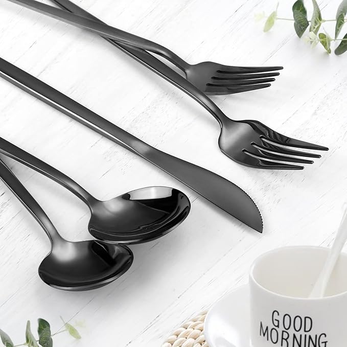 Black Silverware Set, KassKa 40 Pieces Flatware Cutlery Set, Stainless Steel Utensils Set Spoon Fork Knives Set for Home Restaurant and Kitchen, Mirror Polished Finished, Service for 8