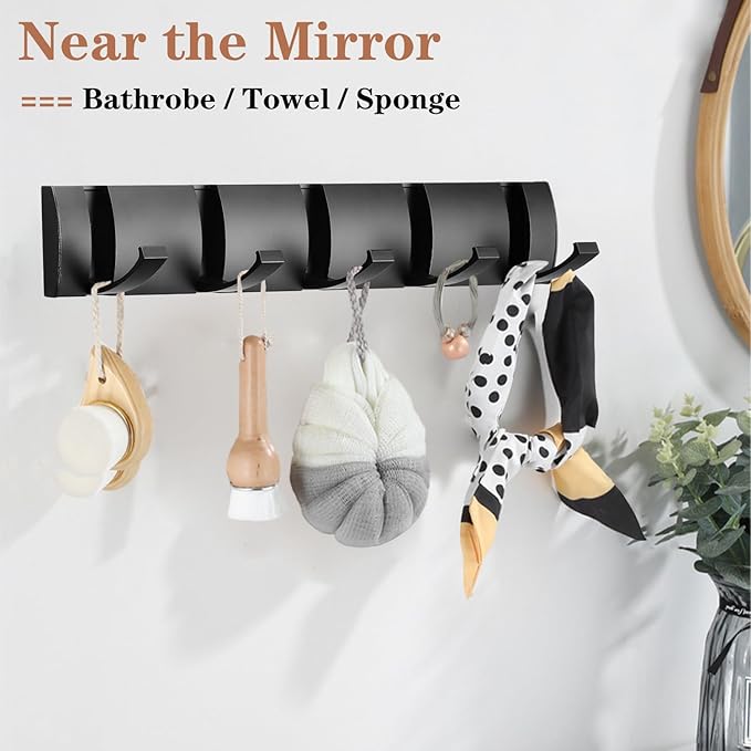 Folding Coat Hooks, Wall Mounted Coat Rack with 5 Retractable Hooks, Heavy Duty Towel Rack for Bathroom Wall Hook for Hanging Clothes Bathrobe, Stainless Steel Coat Hanger for Entryway(Black)