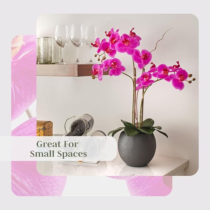 Faux Pink Orchid Plant, Premium Artificial Indoor Flower Display Stands 25-Inches with Beautiful Sculptural Blooms and Foliage That Lasts Forever, Grey Planter Pot Included