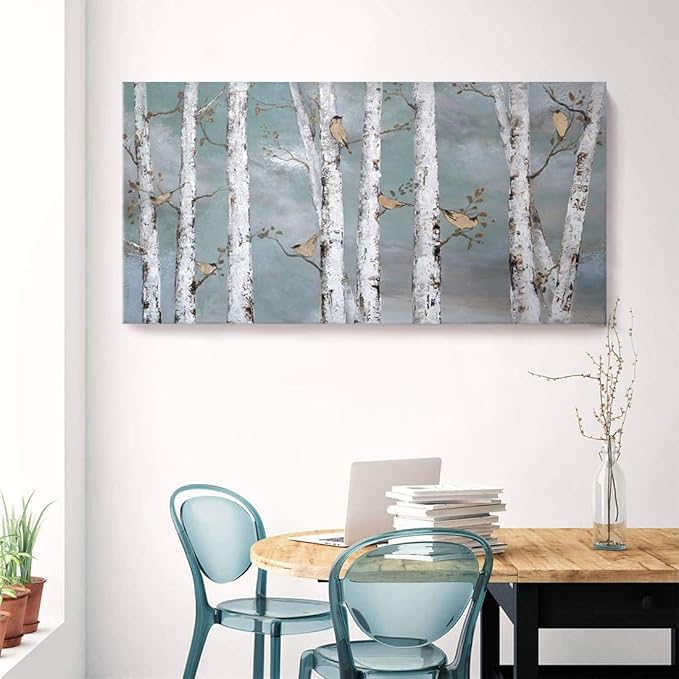 amatop Large Tree Wall Art Hand-Painted Landscape Forest Oil Painting Gallery Wrapped Framed Canvas Gold Bird Artwork 'White Birch at Night' for Living Room Bedroom Office Decor Teal White 48"x24"
