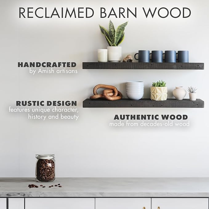 Urban Legacy Reclaimed Barnwood Planks | Floating Shelves for Wall w/Flush Mount Shelf Bracket Set Included | Set of 2 (Coffee Bean, 48" x 7" x 2"