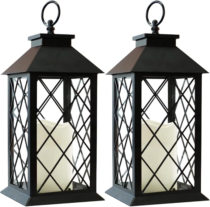 Bright Zeal 2-Pack 13.5" Vintage Candle Lantern with LED Pillar Candle (Black, 6hr Timer) - IP44 Waterproof Battery Powered Candle Lantern - Outdoor Patio Hanging Lantern Decorative Tabletop Lantern