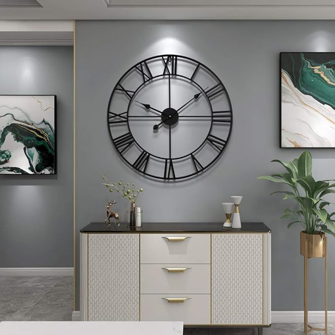 LEIKE 16" Large Wall Clocks Battery Operated, Round Modern Silent Non-Ticking Black Metal Wall Clock for Living Room Decor, Bedroom Kitchen (40cm Diameter, Black Roman Number)