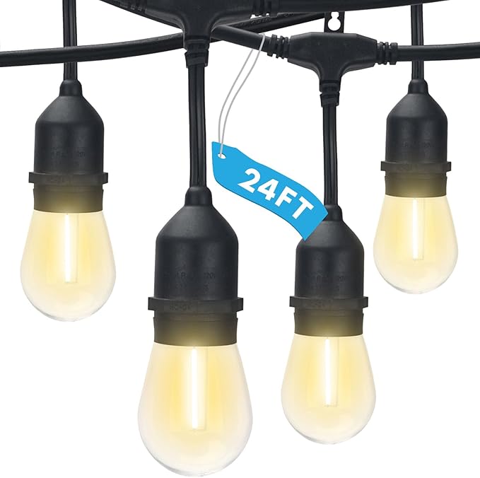 LUXRITE 24FT LED Outdoor String Lights, Commercial Grade Waterproof, 12 Edison S14 Shatterproof Bulbs, IP65, Decorative Hanging for Patio, Backyard, Garden, Cafe, Balcony