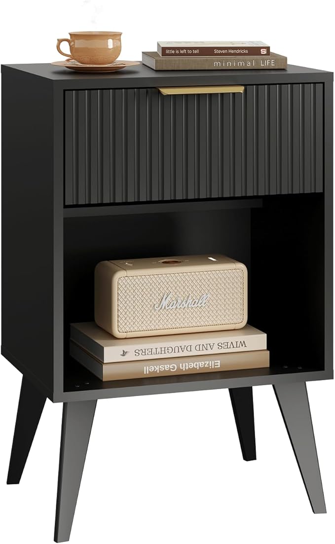 Fluted Night Stand with Opening Storage,Mid Century Bedside Table with Drawer,Modern Nightstand with Solid Wood Legs,End Table Side Table for Living Room,Bedroom,Black CTG56BK