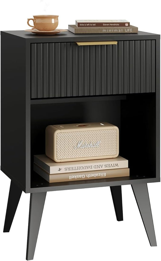 Fluted Night Stand with Opening Storage,Mid Century Bedside Table with Drawer,Modern Nightstand with Solid Wood Legs,End Table Side Table for Living Room,Bedroom,Black CTG56BK