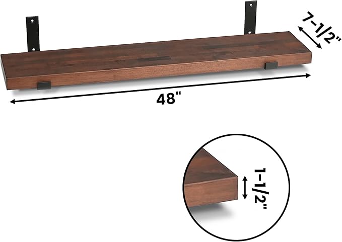 CONSDAN Floating Shelves for Wall Mounted Book Shelf Hanging Shelves Floating Bookshelf for Bedroom, Bathroom, Living Room, Kitchen USA Grown Solid Hardwood, Dark Maple 48x7.5x1.5 in (Set of 2)
