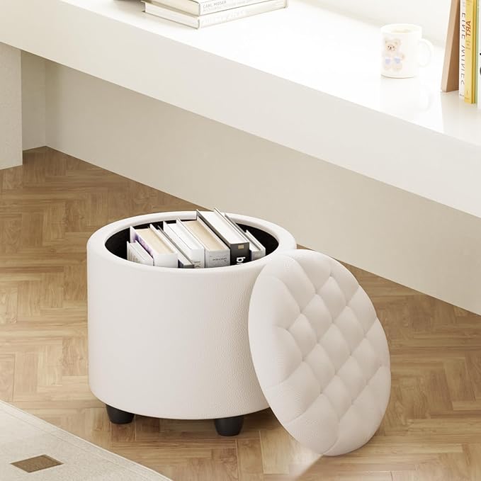 Furniliving Upholstered Button Tufted Round Ottoman, PU Storage Ottoman Round, Removable Lid Convenient Footstools, Classic Ottoman with Storage for Vanity, Nursery Room，IvoryWhite