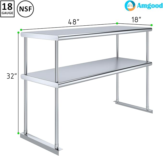AmGood Stainless Steel Double-Tier Shelf | Work Table Overshelf | NSF Certified | Fits Over Tables | Many (48 in. Long x 18 in. Deep)