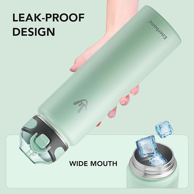 Enerbone 32 oz Insulated Water Bottle, Stainless Steel Bottle with Carrying Strap, Double-Wall Vacuum Insulation Design, Leakproof Sports Bottle with Straw, Keep Drinks Cold or Hot for Hours