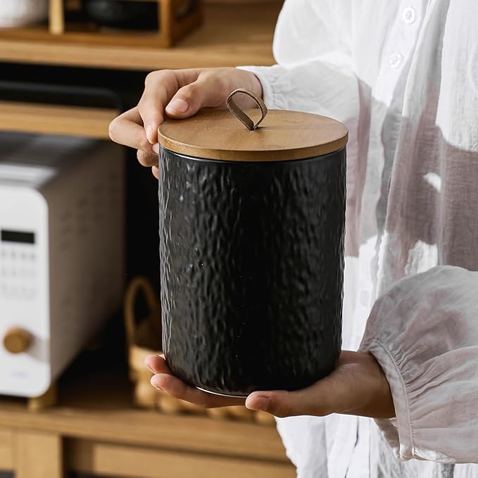 Black White Ceramic Coffee Canister Tea Canister with Seal Wood Lid, Airtight Coffee Storage Container for Coffee Bean, Ground Coffee, Sugar, Cookie Candy jar (Black three piece)