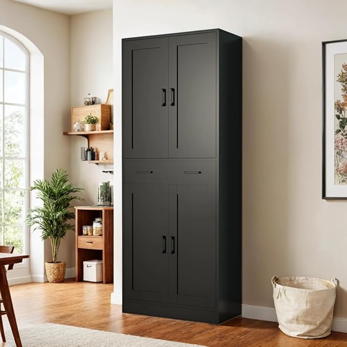 Black Kitchen Pantry, 71" Tall Storage Cabinet with Doors and Drawer for Kitchen, Hallway, Office
