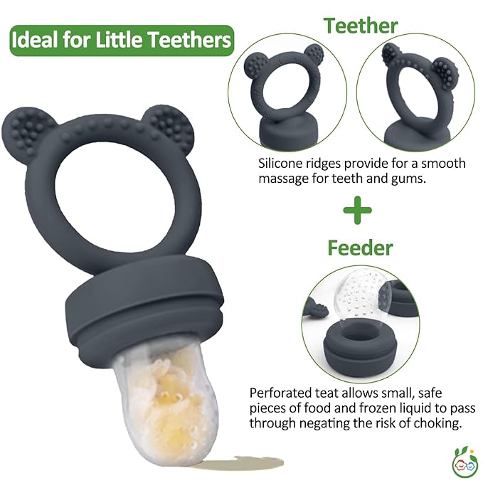 JEXFUN Silicone Baby Food Feeders + Freezer Tray for Batch Prep, Introduce New Foods Safely, Double as Silicone Teething Toys, BPA Free Silicone Feeder for Safe Infant Self Feeding - (Dark Grey)