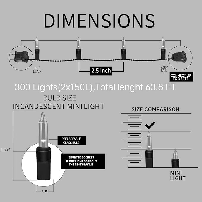 300LIGHTS(2*150L) Warm White Extra-Bright with End Connectors Christmas Decorative Lights 19.44m UL Certified Mini String Light Set Waterproof for Home Garden Holiday Tree Party Patio Wedding