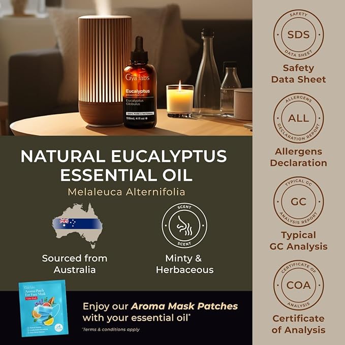 Gya Labs Eucalyptus Essential Oil for Diffuser - Huge 4 Fl Oz - 100% Pure Natural Eucalyptus Oil for Skin, Humidifier, Aromatherapy & Candle Making Scent