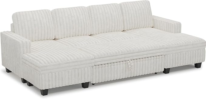 Belffin Modular Sectional Sleeper Sofa with Pull Out Couch Bed Corduroy Double Chaise with Storage White Couch