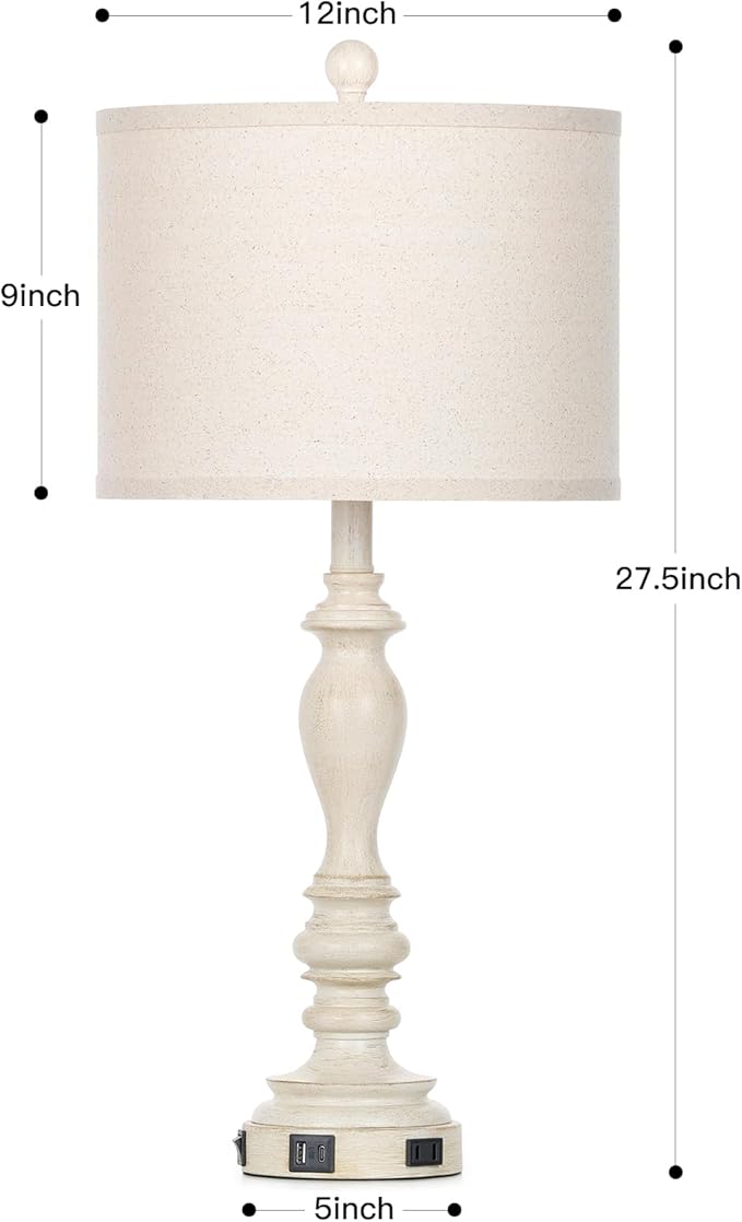 27.5" Retro Table Lamps Set of 2 with USB A+C Charging Ports -Nightstand Lamp for Bedroom Vintage Rustic Table Lamps for Living Room Traditional Nightstand Bedside Lamps（2 Bulbs Included）