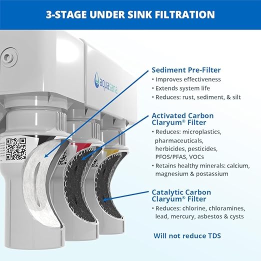 Aquasana Under Sink Water Filter System - Reduces PFAS, Lead, & Chlorine in Drinking Water - Under Counter Claryum Filtration for Kitchen - 3-Stage - Oil-Rubbed Bronze Faucet - AQ-5300.62