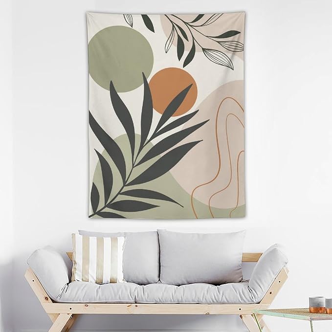 Abstract Bohemian Mid Century Tapestry, Tropical Leaves Modern Geometric Archway Minimalist Bohemian Botanical Aesthetic Wall Hanging, Sage Green Gold Home Decor Art for Bedroom 60x60 Inch