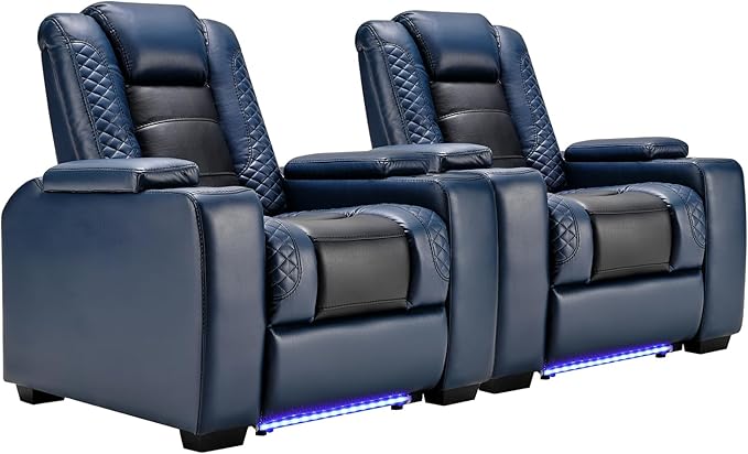ANJ Power Home Theater Seating Set of 2, Blue Faux Leather Electric Recliner Chair with Powered Headrest, Dual Motors Movie Reclining Chairs with LED Lights,USB Port,Cup Holders, Hidden Arm Storage