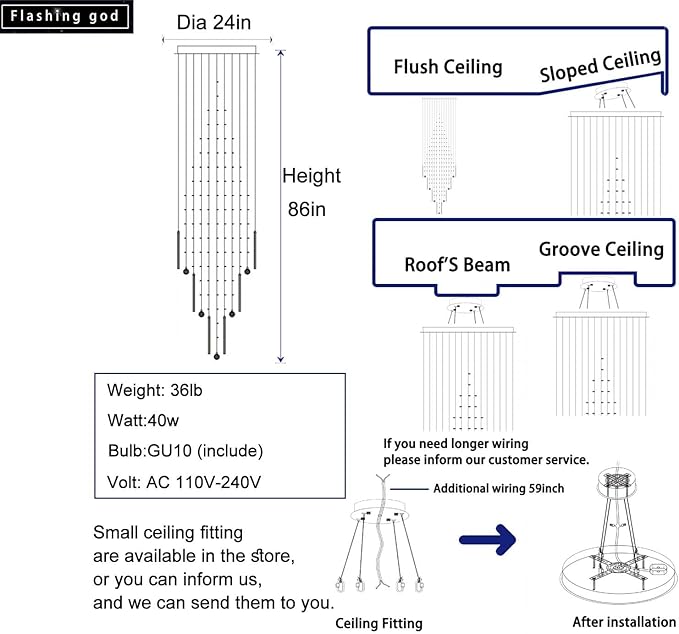 D24''XH86'' Large Chandeliers Modern Pendant Chandelier Lighting Raindrop Crystal Chandelier Flush Mount Ceiling Light for Entryway Staircase Hotel Lobby