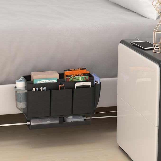 Bedside Caddy, Bed Organizer with 11 Pockets and Power Strip Holder,Versatile Bedside Storage Caddy for Home,Dorm,Bunk,Hospital,Crib Bed (Black)