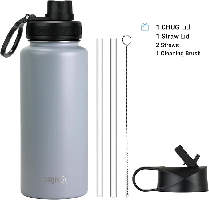 DRINCO Stainless Steel Water Bottle Spout Lid Vacuum Insulated Double Wall Water Bottle Wide Mouth (40oz 32oz 22oz 18oz 14oz) Leak Proof Keeps Cold or Hot (32 oz, 32oz Asphalt Gray)