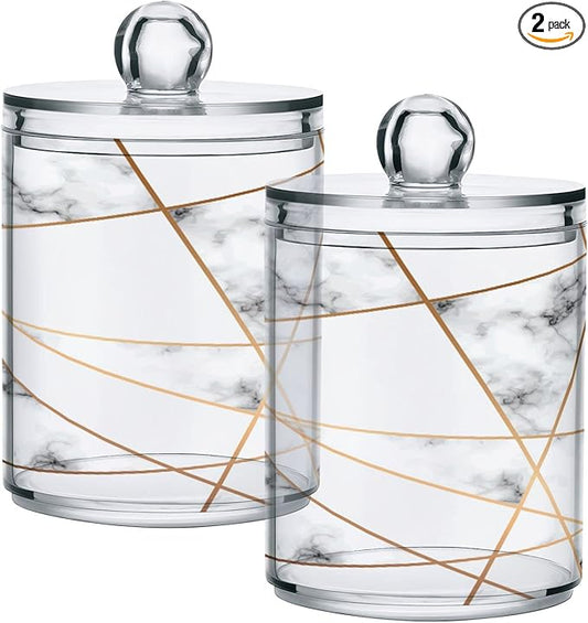 2 Pack Qtip Holder Dispenser White Marble Gold Line Bathroom Storage Canister Lid Acrylic Plastic Apothecary Jar Set Vanity Makeup Organizer for Cotton Swabs/Pads/Floss