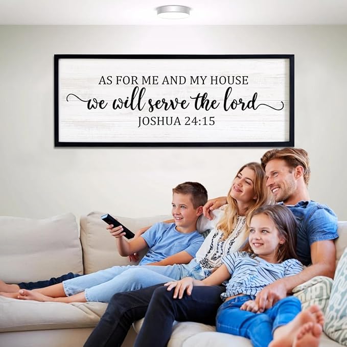 As For Me And My House We Will Serve The Lord Framed Wall Art, 40''×15'' Vintage Positive Religious Rustic Bible Verse for Christian God Jesus Christ Prayer, Horizontal Holy Catholic Scripture Decor