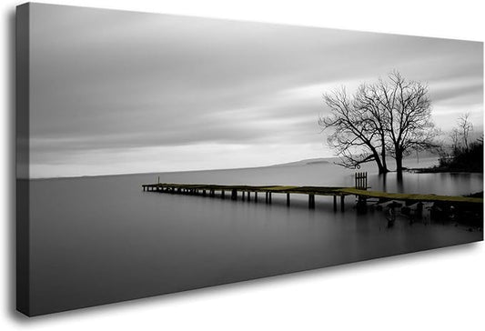 DZL Art S74998 Gray Canvas Prints Modern Minimalist Black and White Lake Trees Landscape Wall Art Painting for Living Room Bedroom Decor Office Wall Decor Home Decoration