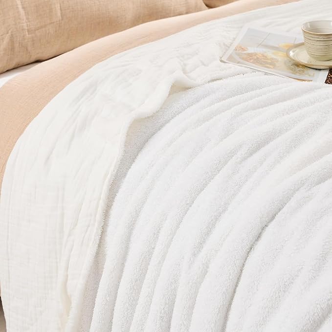 EMME Muslin and Fleece Twin Blanket Reversible - 60"*80" Cream Soft Warm Throw Blankets for Couch Bed Picnic Travel Bed