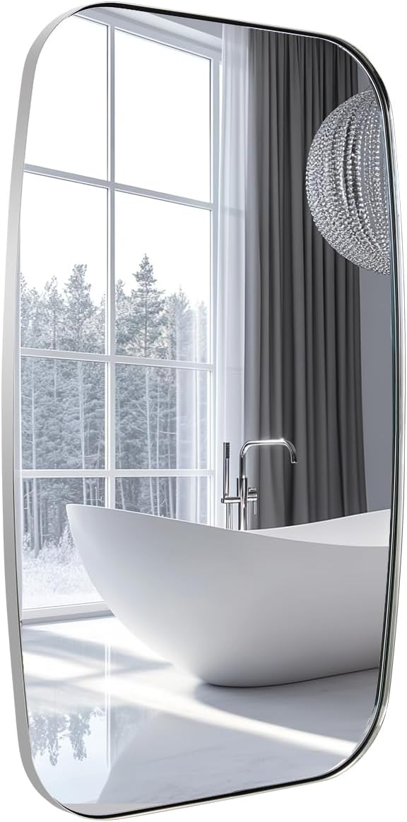 ANDY STAR Chrome Oblong Mirror, 36x48 Inch Polished Chrome Oval Mirror for Bathroom with Stainless Steel Metal Frame, Wall Mouned for Bathroom, Living Room, Entryway