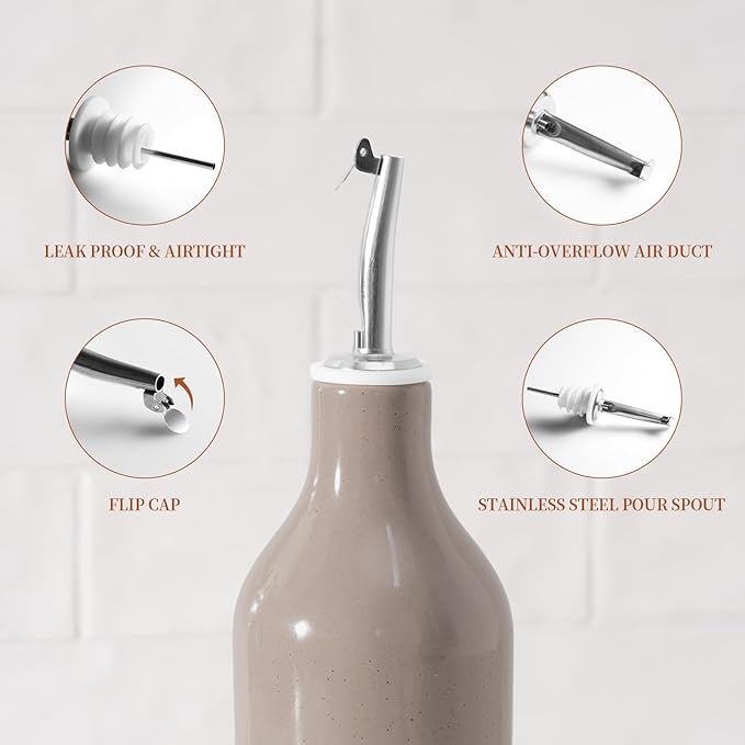 famiware Milkyway 16oz Ceramic Olive Oil Dispenser Bottle, Olive Oil and Vinegar Dispenser Bottle Set of 2 with Stainless Steel Pourers, Suitable for Storage Vinegar, Liquids, White and Cinnamon Brown