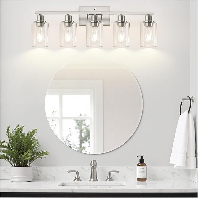 5-Light Bathroom Light Fixtures, Brushed Nickel Bathroom Vanity Light with Clear Glass Shades, Modern Bathroom Wall Lamp for Mirror Living Room Cabinet Bedroom Porch