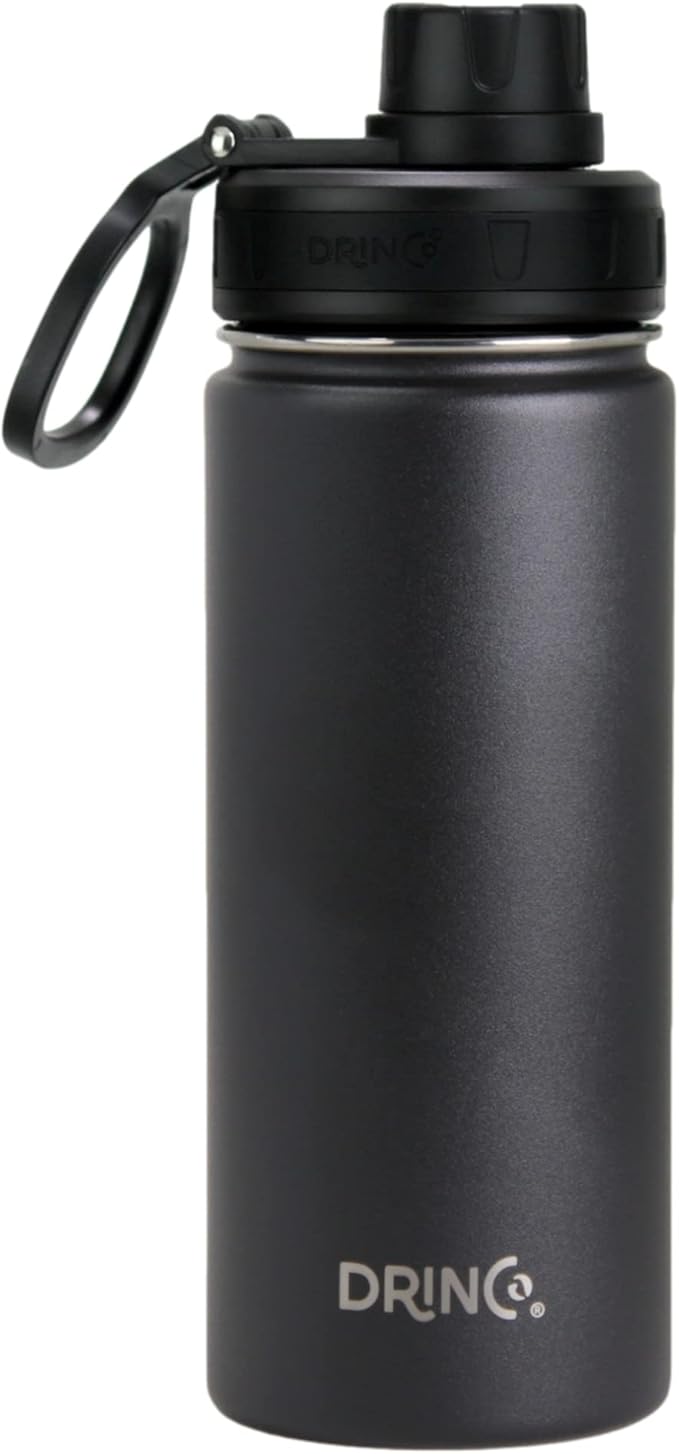 DRINCO Stainless Steel Water Bottle Spout Lid Vacuum Insulated Double Wall Water Bottle Wide Mouth (40oz 32oz 22oz 18oz 14oz) Leak Proof Keeps Cold or Hot (18 oz, 18oz Black)