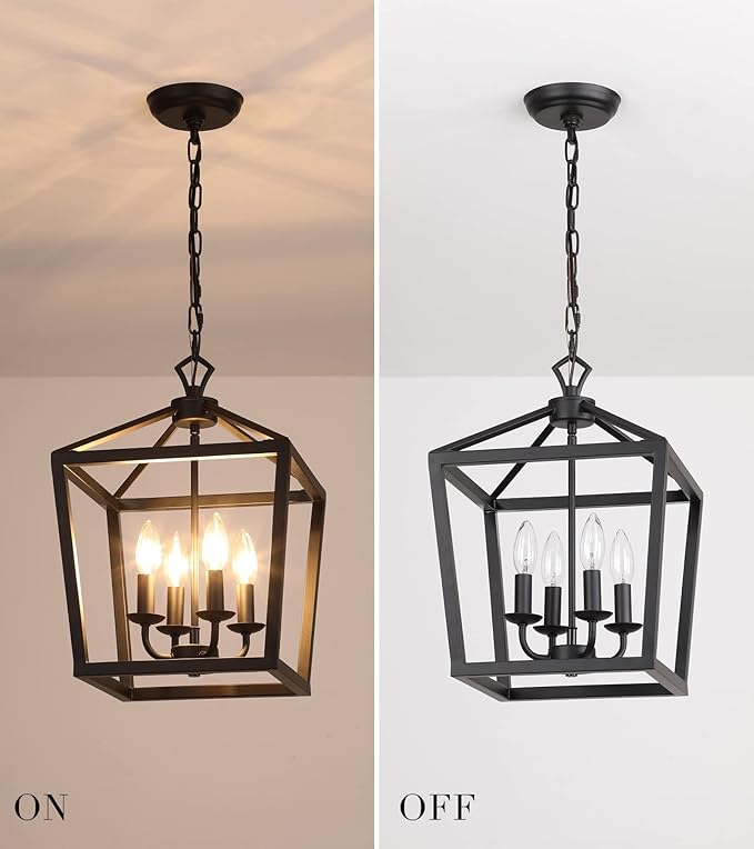 AMZASA Farmhouse Rustic Black Lantern Chandelier Hanging Light Fixture 4-Lights for Kitchen Island Dining Room Hallway Entryway Foyer UL Listed