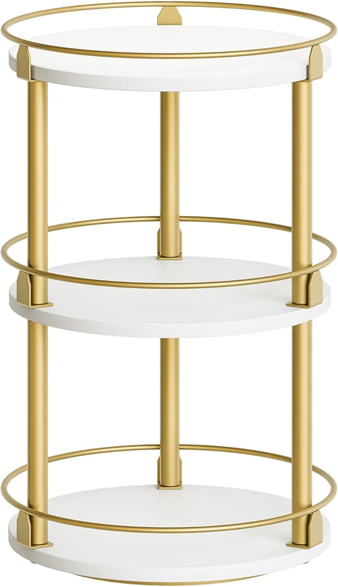 3-Tier Lazy Susan, Rotating Spice Rack, Spinning Organizer, Industrial Turntable Spice Rack for Cabinet, Kitchen Countertop, Pantry, White and Gold SR23DW