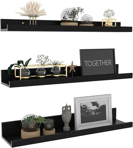 Giftgarden 24 Inch Black Floating Shelves Wall Mounted Woodgrain Picture Ledge Shelf for Storage Bedroom Bathroom Kitchen Living Room Office, Set of 3 Different Sizes