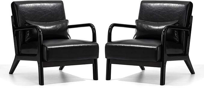 Glitzhome 2 Set Mid Century Black Accent Armchair, Single Reading Armchair PU Leather Lounge Chair with Walnut Ruberwood Frame