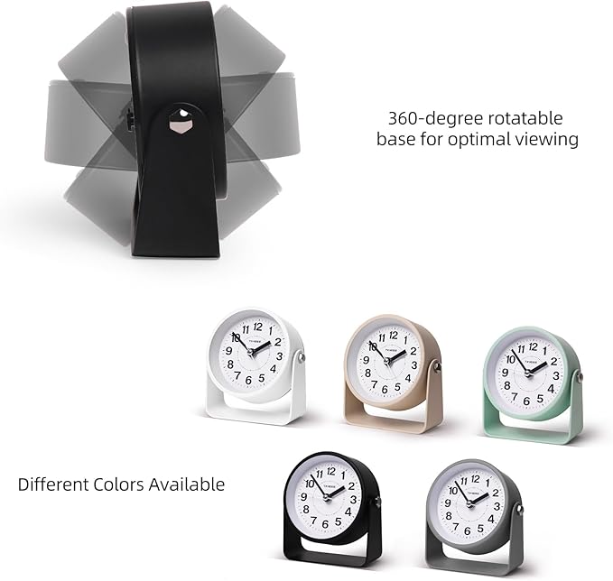 Analog Alarm Clock, Silent Non-Ticking Quartz Movement, Battery-Operated with Snooze & On-Demand Light, Easy to Set Gentle Wake Bedside Desk Clock, Ideal for Home, Travel, Office (Black)