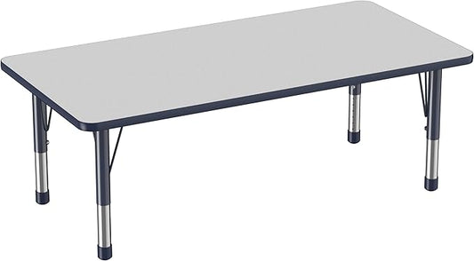 FDP Rectangle Activity School and Classroom Kids Table (30 x 60 inch), Toddler Legs, Adjustable Height 15-24 inches - Gray Top and Navy Edge