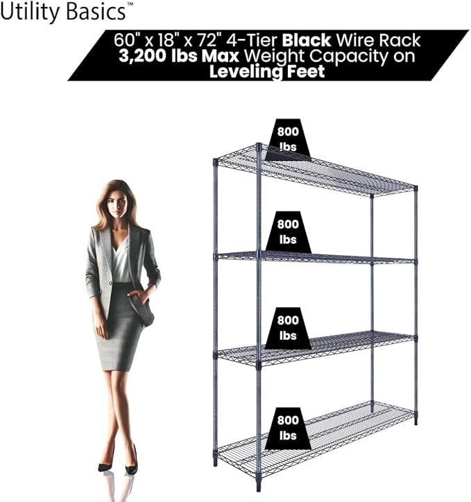60"x18"x72" Black Premium Metal Steel Wire Shelving 4-Tier NSF 3200 LBS MAX Capacity Heavy Duty Storage Rack for Garages, Commercial Spaces, Hospitals, & Schools w/Premium Wheels