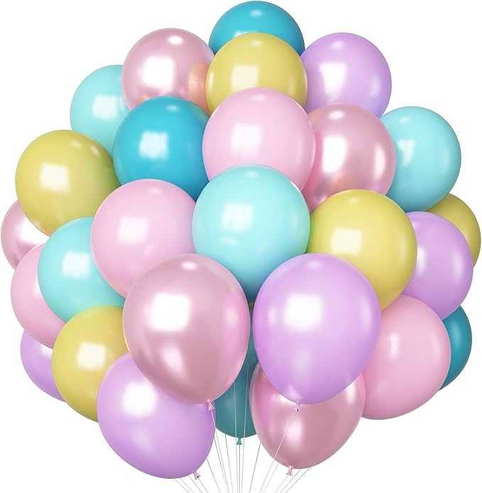 Pastel Balloons 60 Pcs Metallic Pink Purple Teal Blue Yellow Multicolor Latex Balloon Macaron Rainbow Pastel Color Party Balloons for Girls Birthday Baby Shower Bridal Wedding Party Decorations
