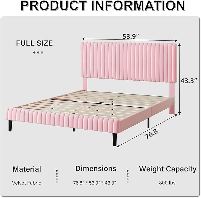 Full Size Bed Frame with Headboard, Velvet Upholstered Platform Bed with Vertical Channel Tufted Design, No Box Spring Required, Easy Assembly, Pink